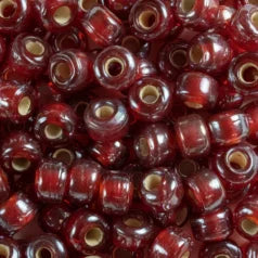 Close-up of 9mm glass crow beads in red with a lustre finish