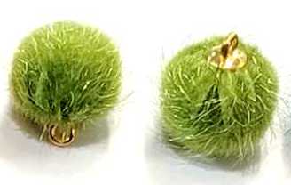Pair of 15mm green faux mink pom pom tassels with gold-tone caps and loops