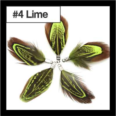 Five 4.5cm feather tassels in a ring, brown speckled feathers with lime edging, labelled #4