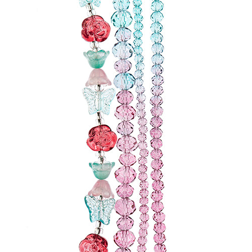 Four strands of Crystal Lane glass beads with flower, leaf and faceted round beads in a teal to pink mix