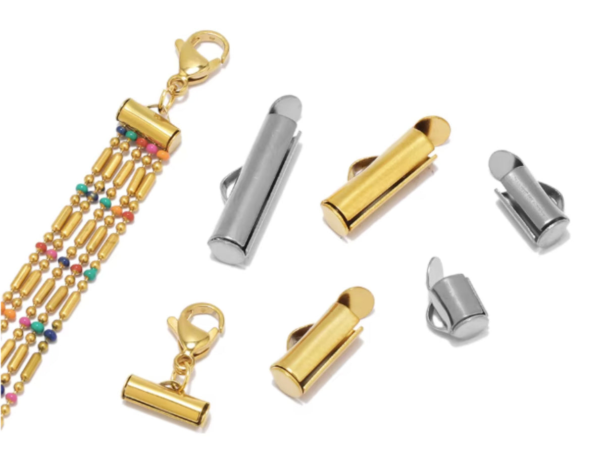 Gold and silver slide-on end clasps with a beaded bracelet and lobster clasps
