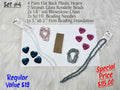 Set #4: faceted teal and pink plastic hearts, two rondelle strands, rhinestone chain and needles on white foundation