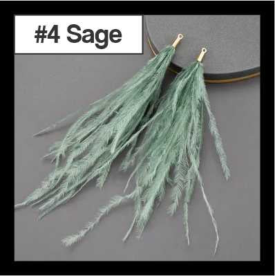 Pair of 14cm sage feather tassels with gold connectors, labelled #4 Sage