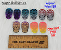 Sugar skull set #4: five pairs of ombre acrylic sugar skull cabochons (cabs) in purple, teal, red and tan