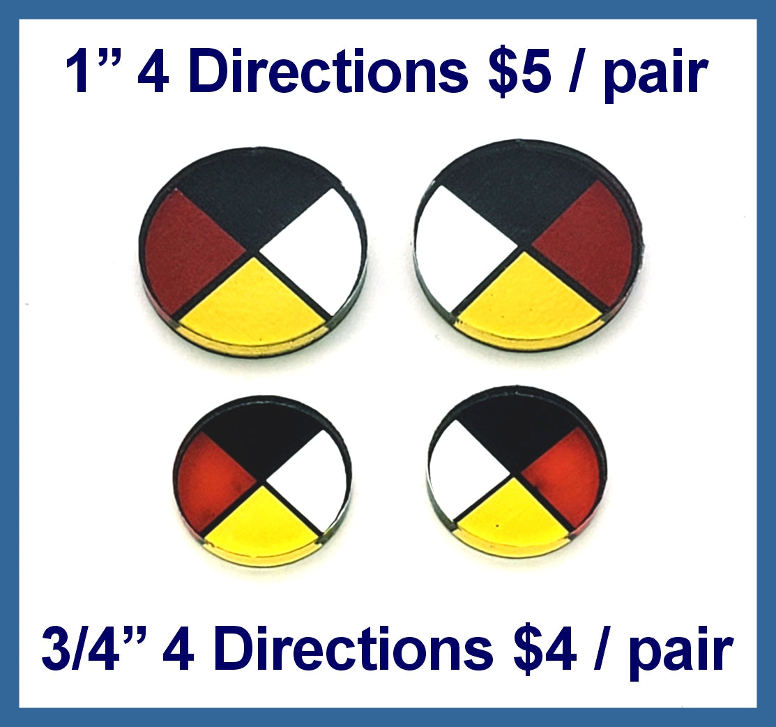 Four Directions round cabochons (cabs) in black, white, red and yellow: a 1 inch pair and a 3/4 inch pair