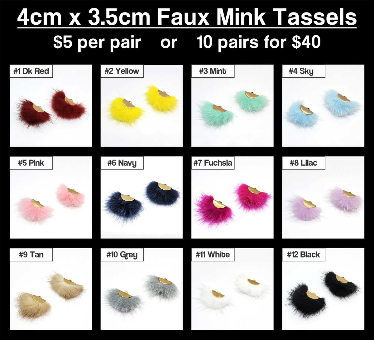Chart of 12 colours of 4 x 3.5cm fan-shaped faux mink tassels with gold-tone caps