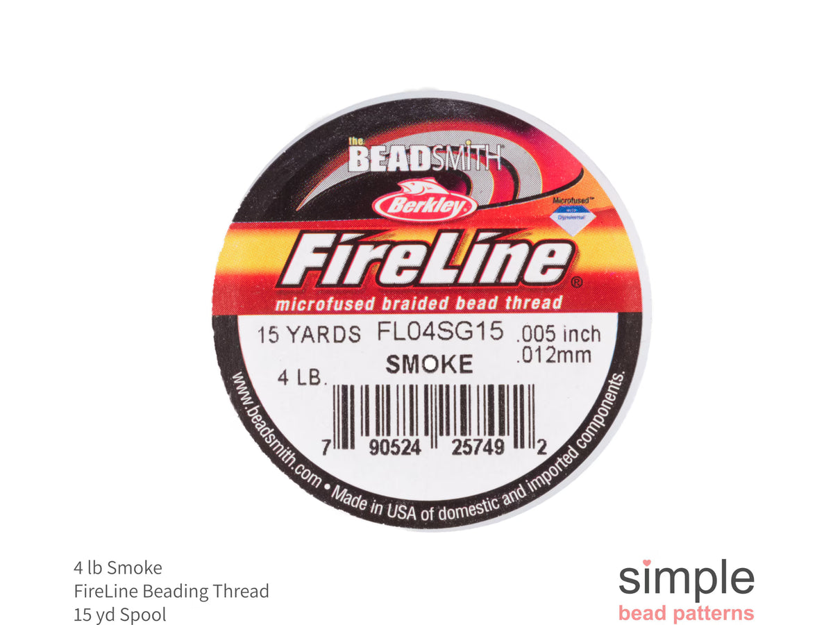 Beadalon FireLine braided beading thread, 4lb smoke, on a 15 yard spool with a caption