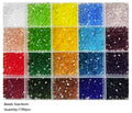 Clear divided case of 4mm glass bicone beads in 20 colours, viewed from above