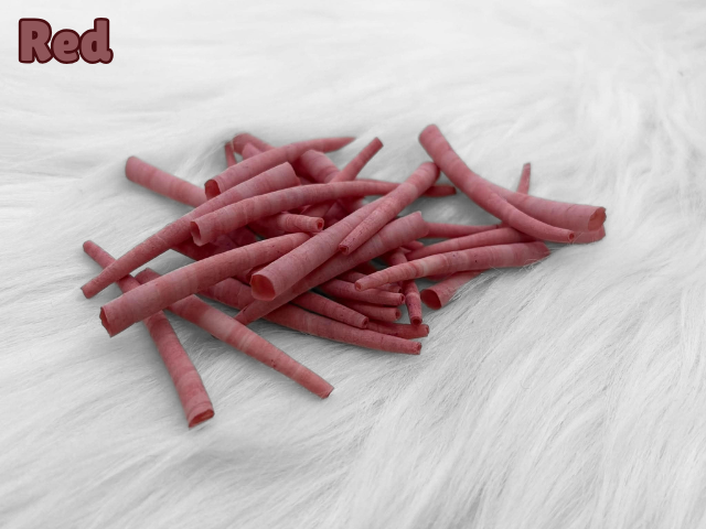 Pile of red dyed smooth dentalium shells, about 1.5 to 2 inches long, on white faux fur