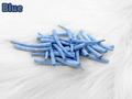 Pile of blue dyed smooth dentalium shells, about 1.5 to 2 inches long, on white faux fur