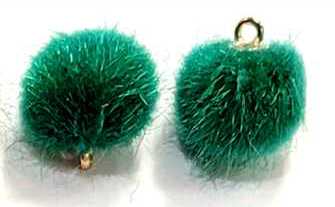 Pair of 15mm emerald faux mink pom pom tassels with gold-tone caps and loops