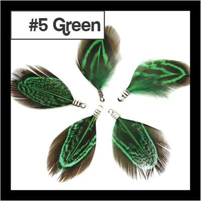 Five 4.5cm feather tassels in a ring, brown speckled feathers with green edging, labelled #5