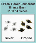 Five-petal 11 x 18mm flower connectors in silver and bronze tone