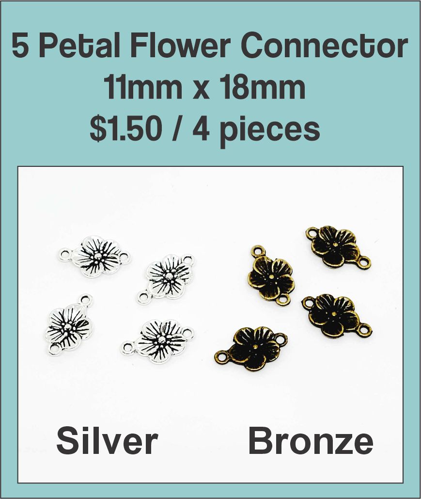 Five-petal 11 x 18mm flower connectors in silver and bronze tone