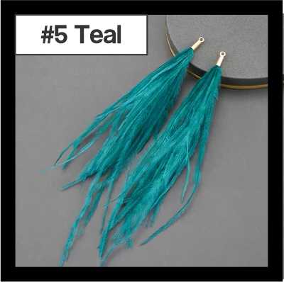 Pair of 14cm teal feather tassels with gold connectors, labelled #5 Teal