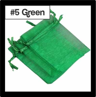 Sheer green organza drawstring bags with satin ties, with a numbered colour label