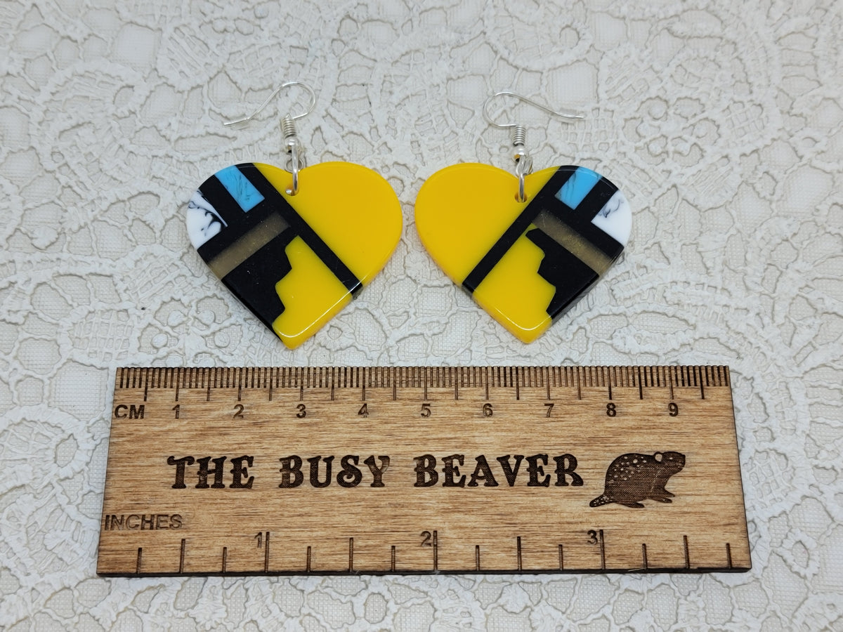 Pair of heart resin slab inlay earrings, combo #5: yellow with black, blue, gold and white inlay