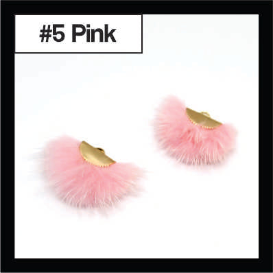 Pair of fan-shaped pink faux mink tassels with gold-tone caps, labelled #5