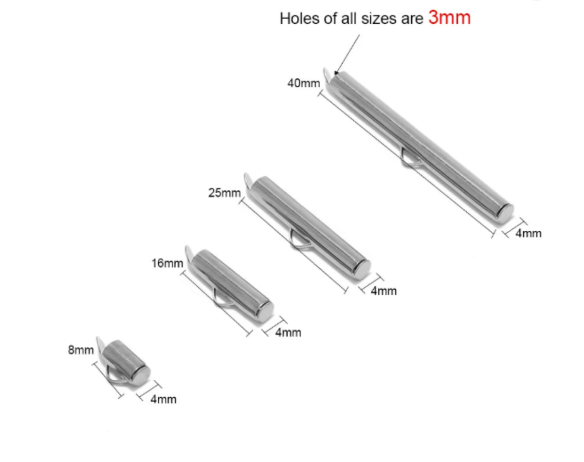 Size diagram of silver slide-on end clasps in 8mm, 16mm, 25mm and 40mm with 3mm holes