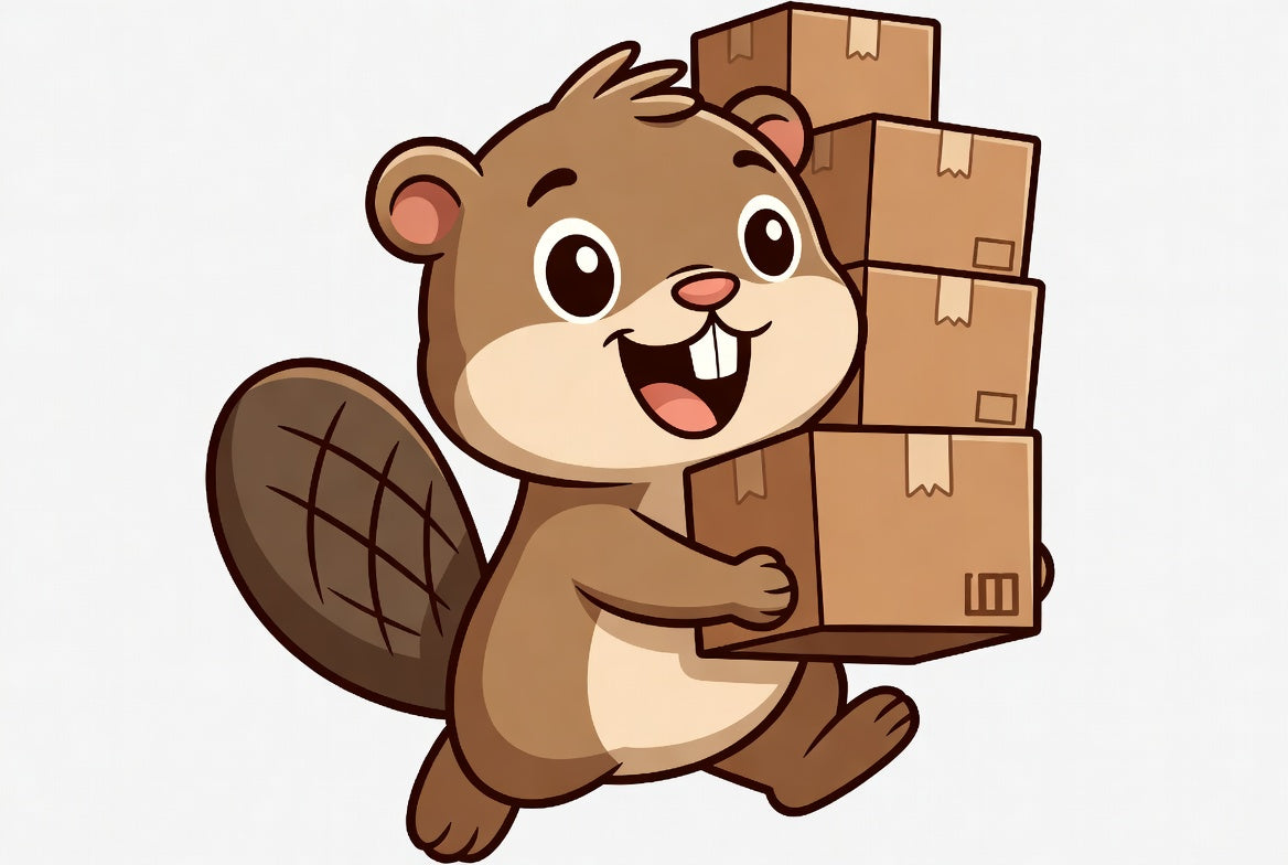 Cartoon beaver carrying a stack of cardboard boxes on a white background