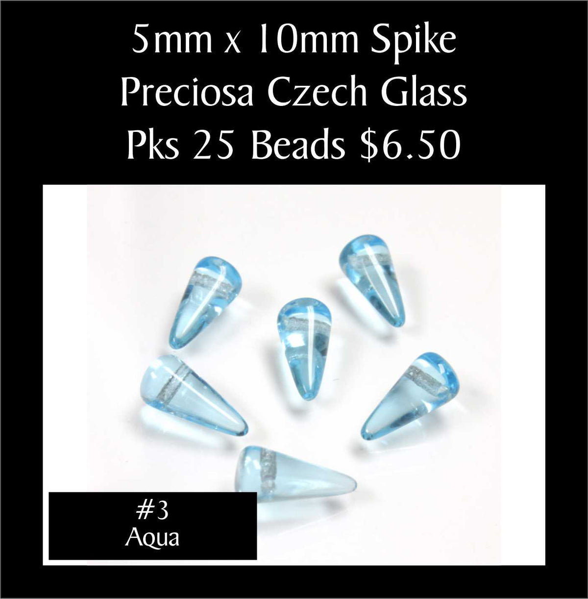 Loose 5 x 10mm Preciosa Czech glass spike beads in transparent aqua on a white background, sold in packs of 25
