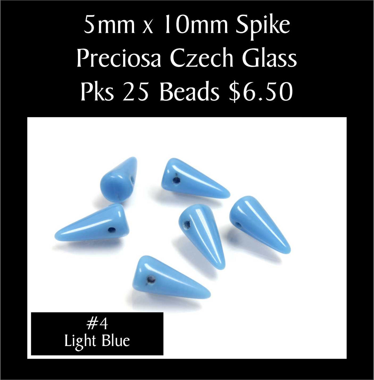 Loose 5 x 10mm Preciosa Czech glass spike beads in opaque light blue on a white background, sold in packs of 25