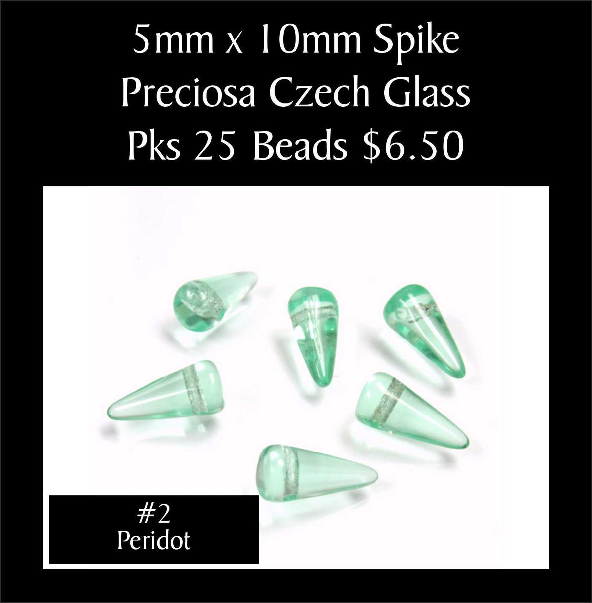 Loose 5 x 10mm Preciosa Czech glass spike beads in transparent peridot green on a white background, sold in packs of 25