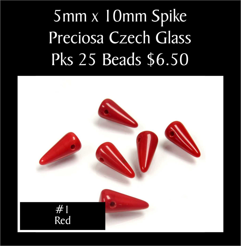 Loose 5 x 10mm Preciosa Czech glass spike beads in opaque red on a white background, sold in packs of 25