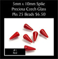 Loose 5 x 10mm Preciosa Czech glass spike beads in opaque red on a white background, sold in packs of 25