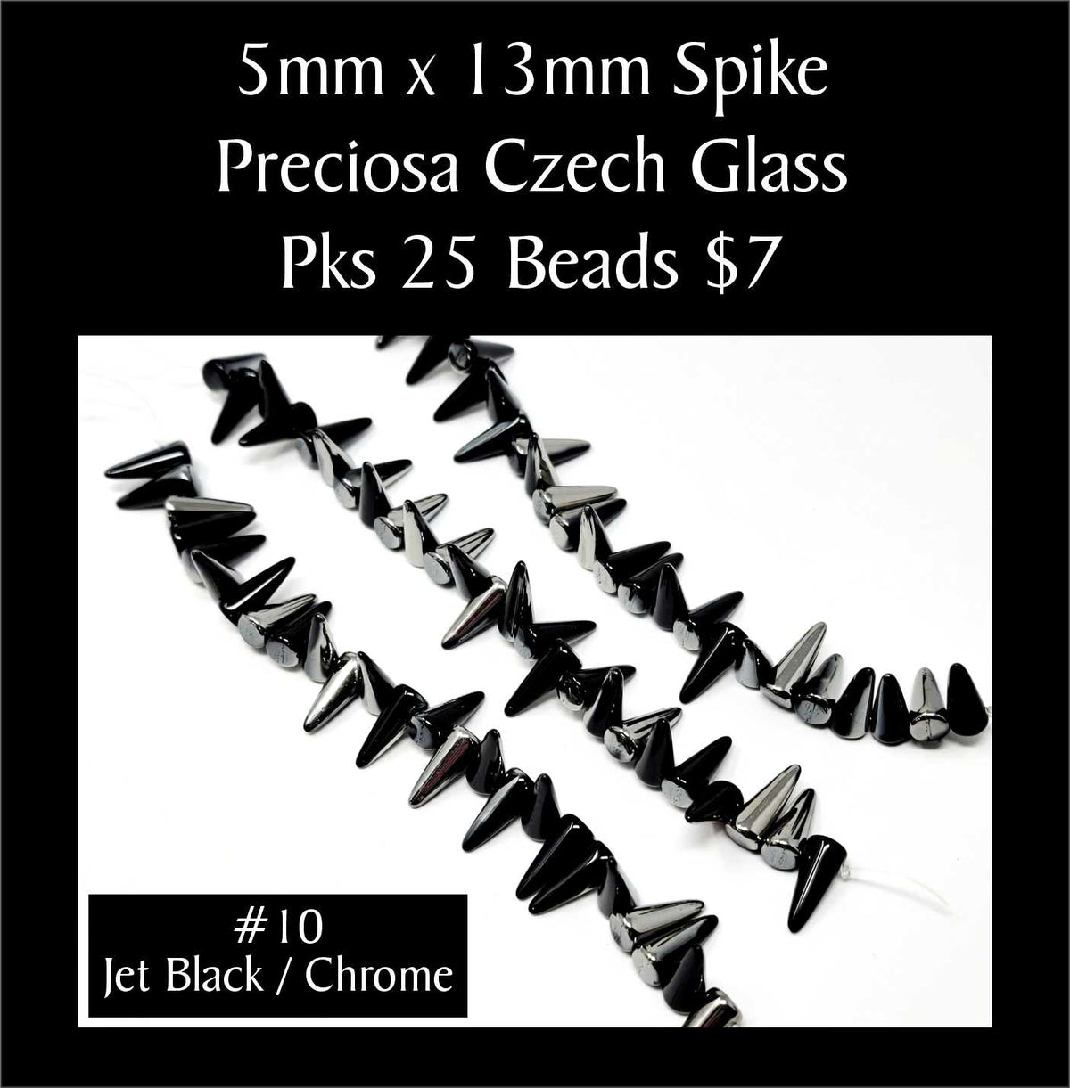 Strands of 5 x 13mm Preciosa Czech glass spike beads in jet black with chrome, sold in packs of 25