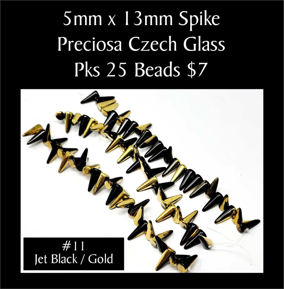 Strands of 5 x 13mm Preciosa Czech glass spike beads in jet black with gold, sold in packs of 25