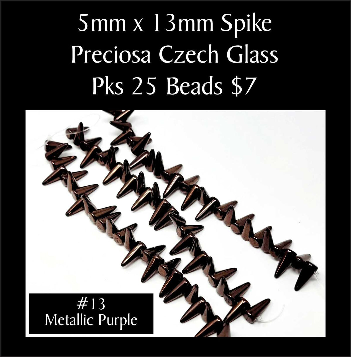 Strands of 5 x 13mm Preciosa Czech glass spike beads in metallic purple, sold in packs of 25