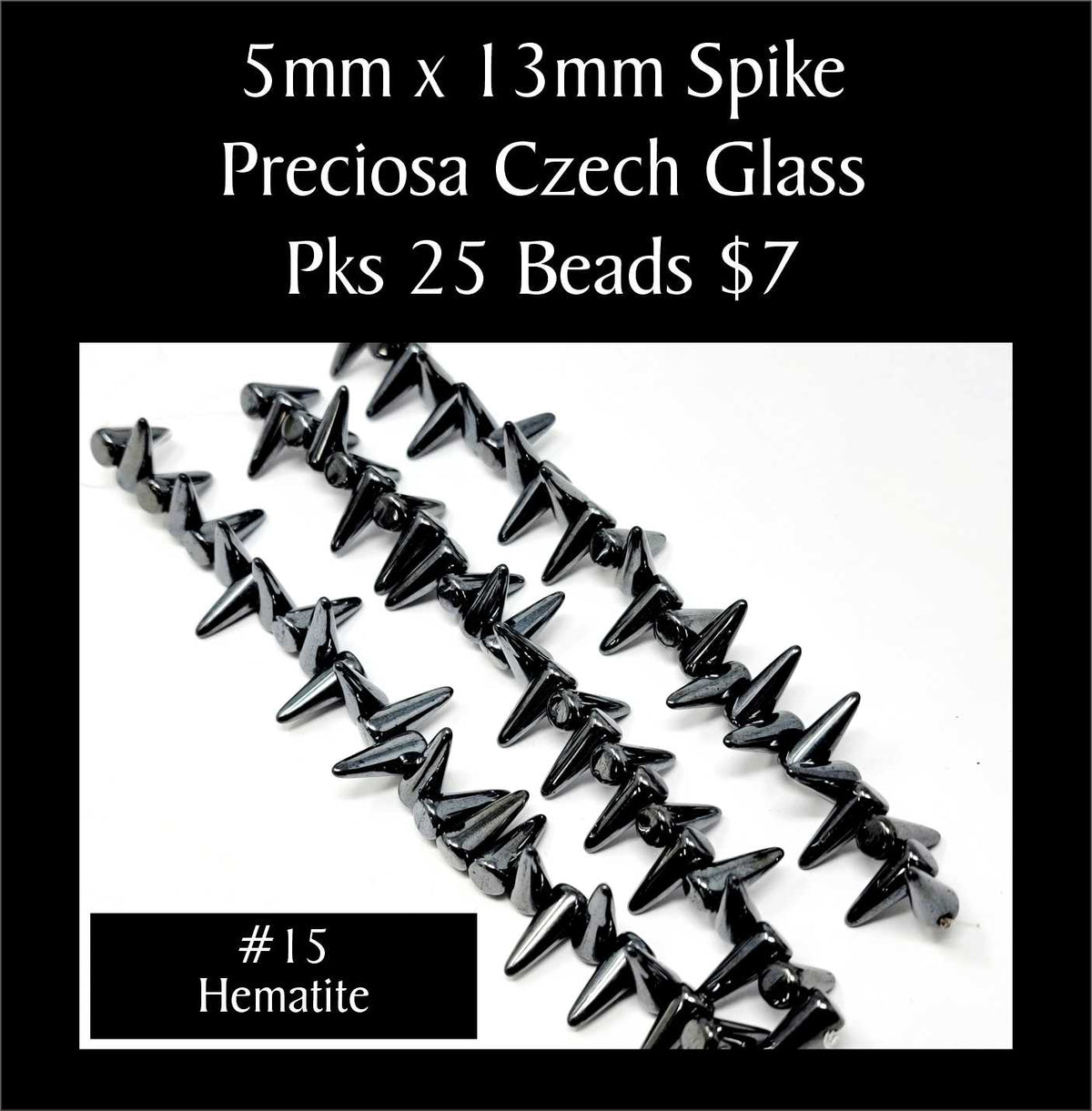 Strands of 5 x 13mm Preciosa Czech glass spike beads in hematite, sold in packs of 25