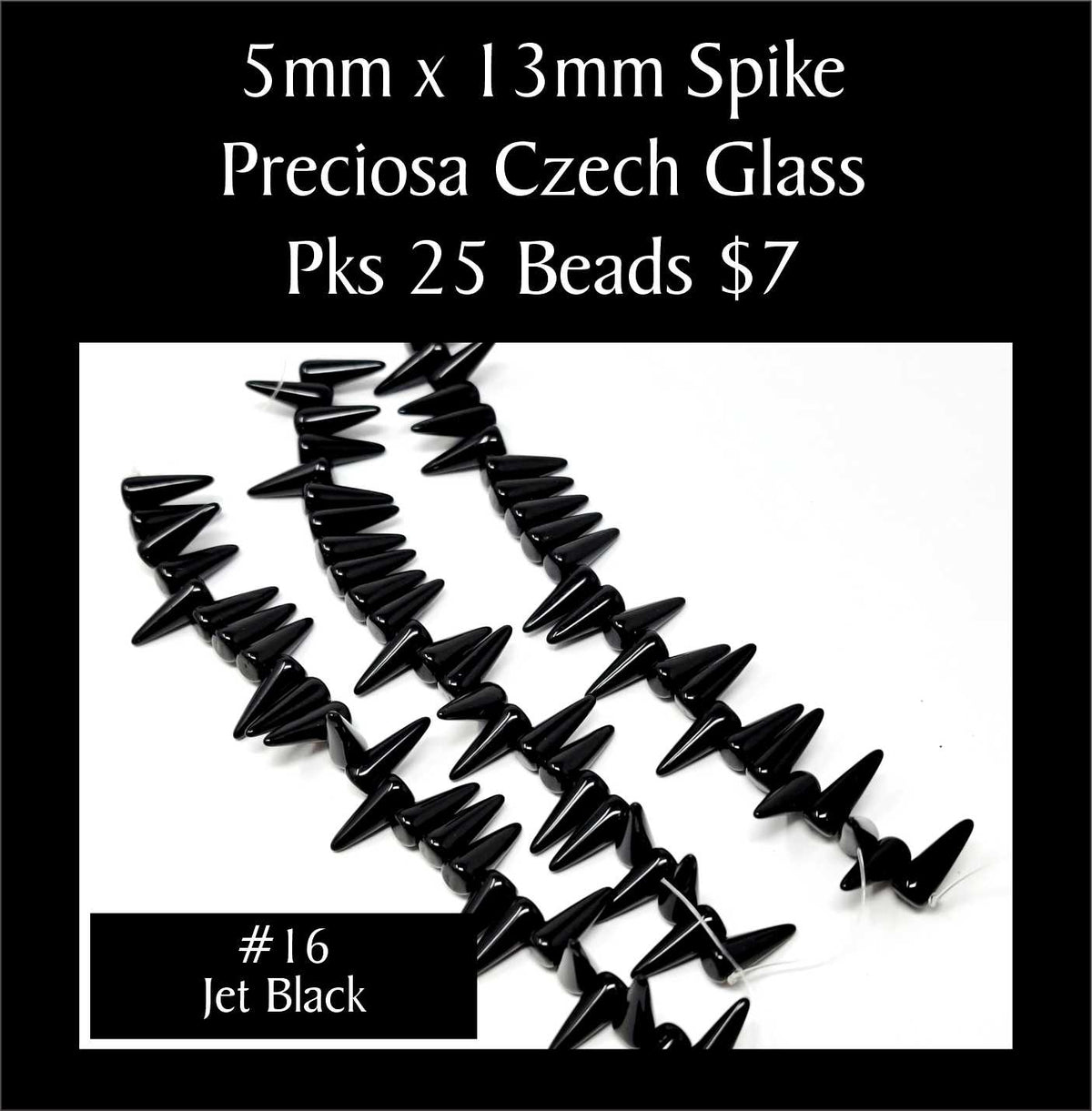 Strands of 5 x 13mm Preciosa Czech glass spike beads in jet black, sold in packs of 25