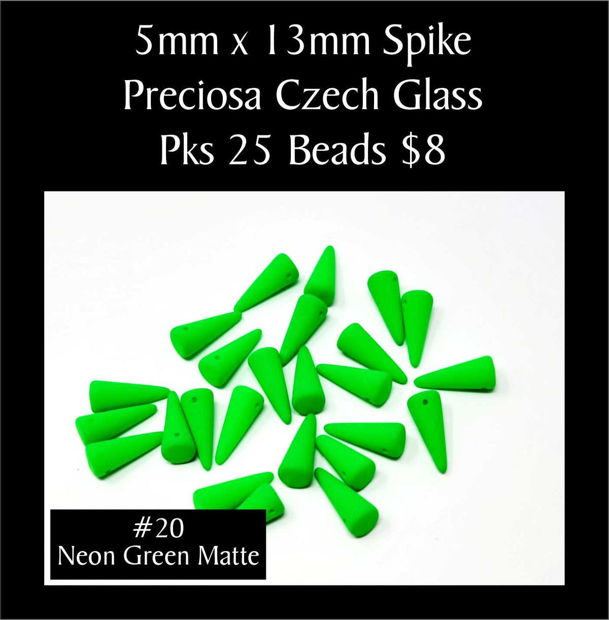 Loose 5 x 13mm Preciosa Czech glass spike beads in neon green matte on a white background, sold in packs of 25