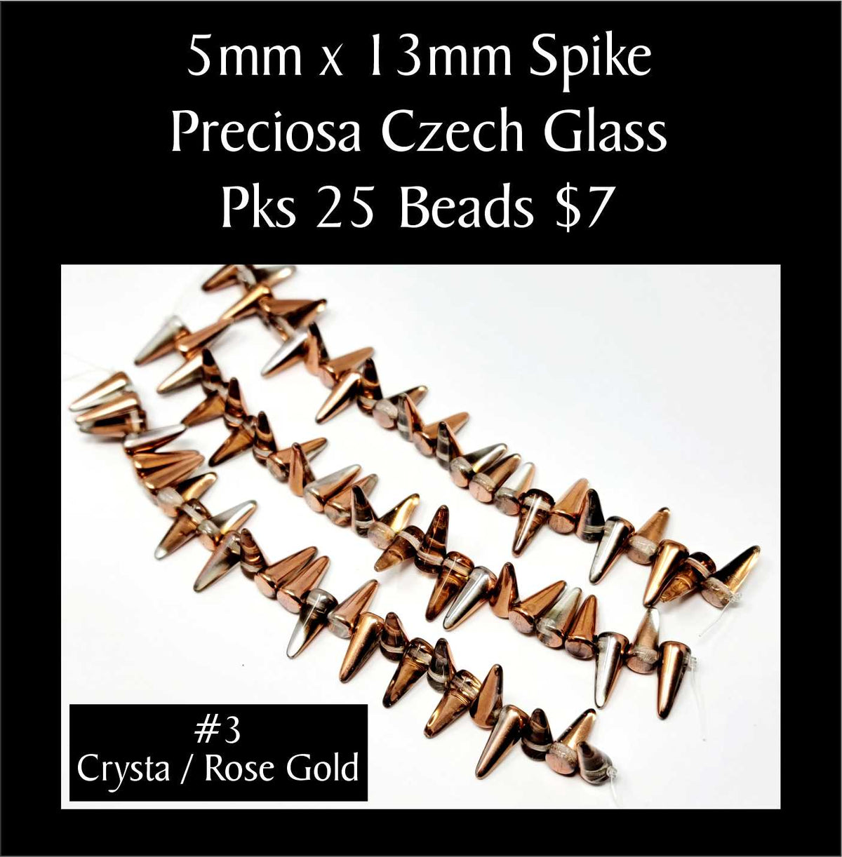 Strands of 5 x 13mm Preciosa Czech glass spike beads in crystal with rose gold, sold in packs of 25
