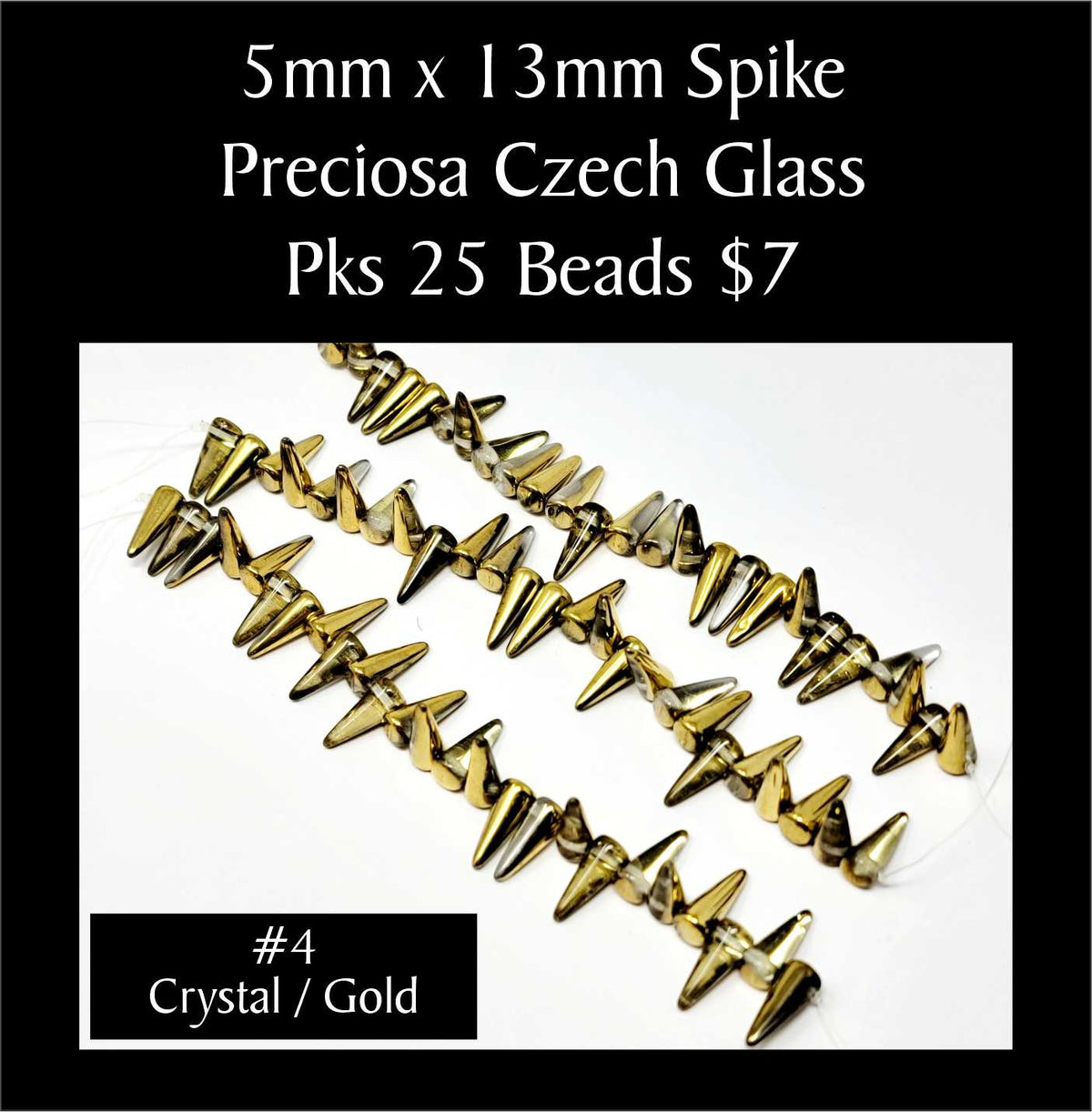 Strands of 5 x 13mm Preciosa Czech glass spike beads in crystal with gold, sold in packs of 25