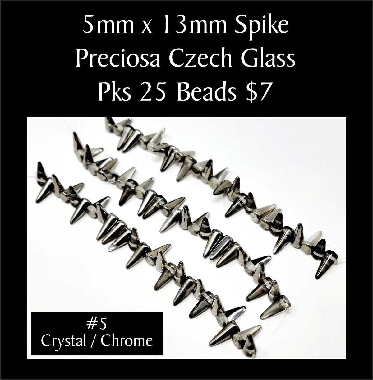 Strands of 5 x 13mm Preciosa Czech glass spike beads in crystal with chrome, sold in packs of 25