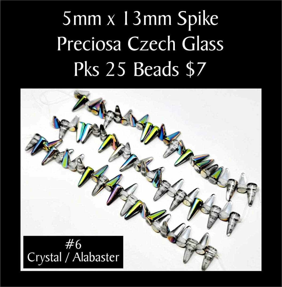 Strands of 5 x 13mm Preciosa Czech glass spike beads in crystal with alabaster, sold in packs of 25