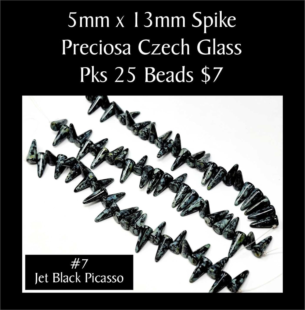 Strands of 5 x 13mm Preciosa Czech glass spike beads in jet black picasso, sold in packs of 25