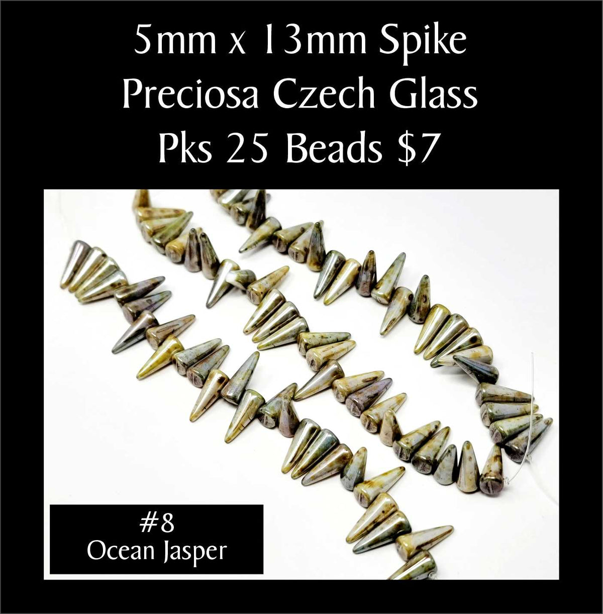 Strands of 5 x 13mm Preciosa Czech glass spike beads in ocean jasper, sold in packs of 25