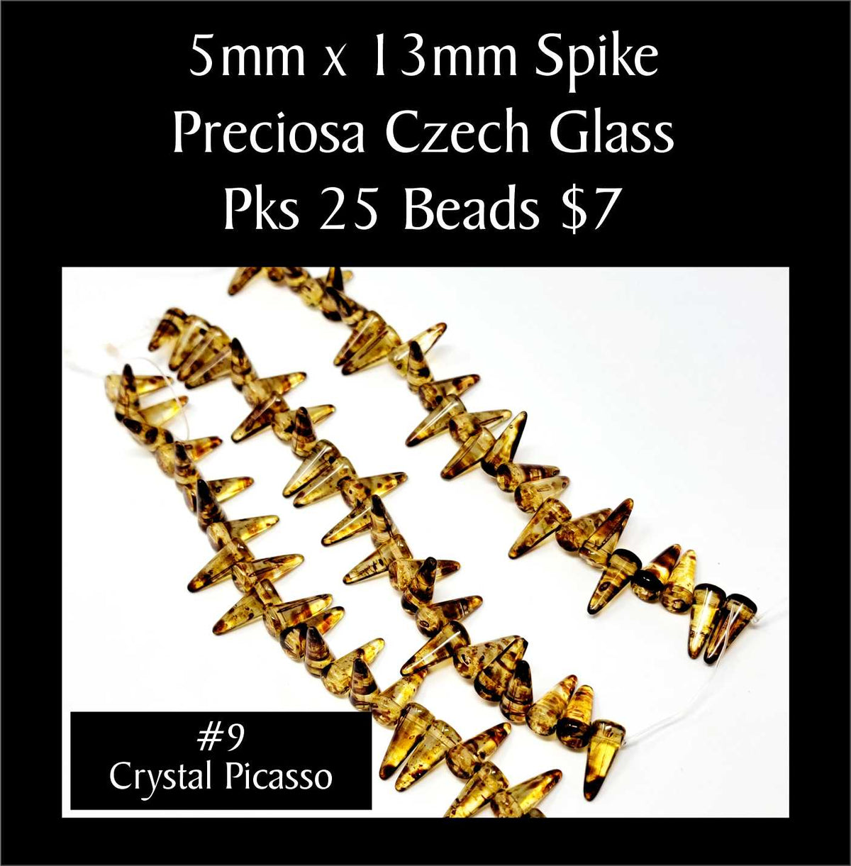 Strands of 5 x 13mm Preciosa Czech glass spike beads in crystal picasso, sold in packs of 25