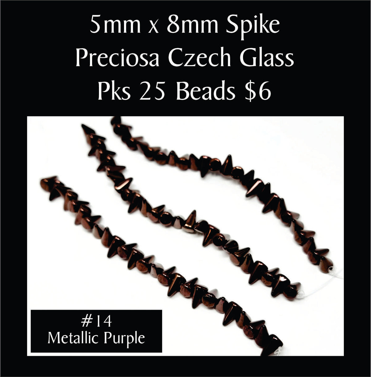 Strands of 5 x 8mm Preciosa Czech glass spike beads in metallic purple, sold in packs of 25