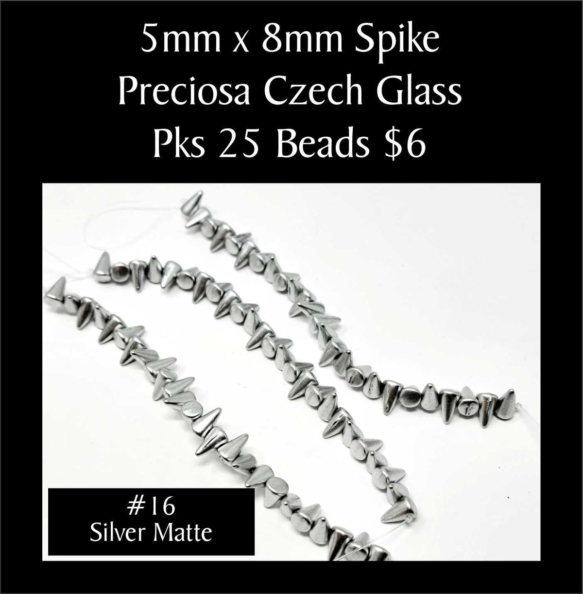 Strands of 5 x 8mm Preciosa Czech glass spike beads in silver matte, sold in packs of 25