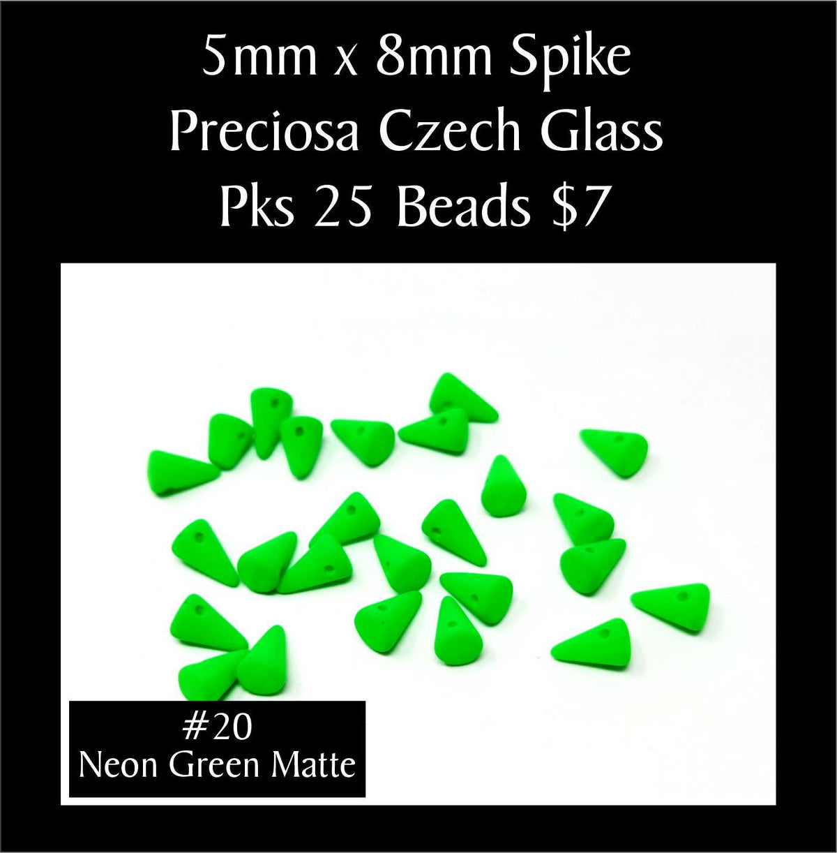 Loose 5 x 8mm Preciosa Czech glass spike beads in neon green matte on a white background, sold in packs of 25