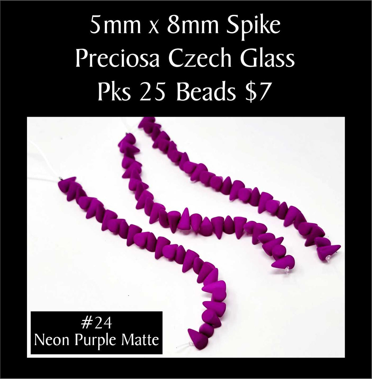 Strands of 5 x 8mm Preciosa Czech glass spike beads in neon purple matte, sold in packs of 25