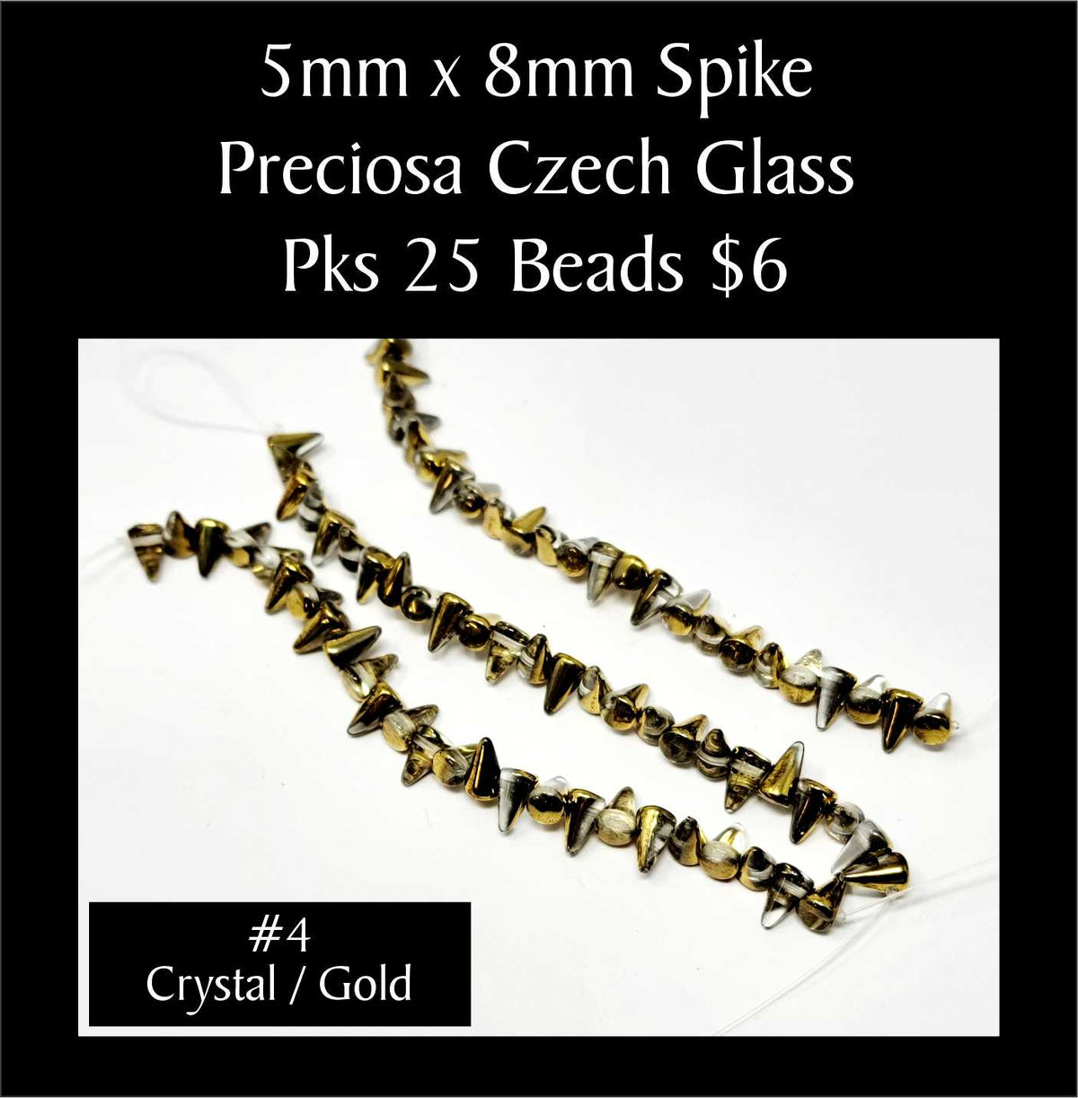Strands of 5 x 8mm Preciosa Czech glass spike beads in crystal with gold, sold in packs of 25