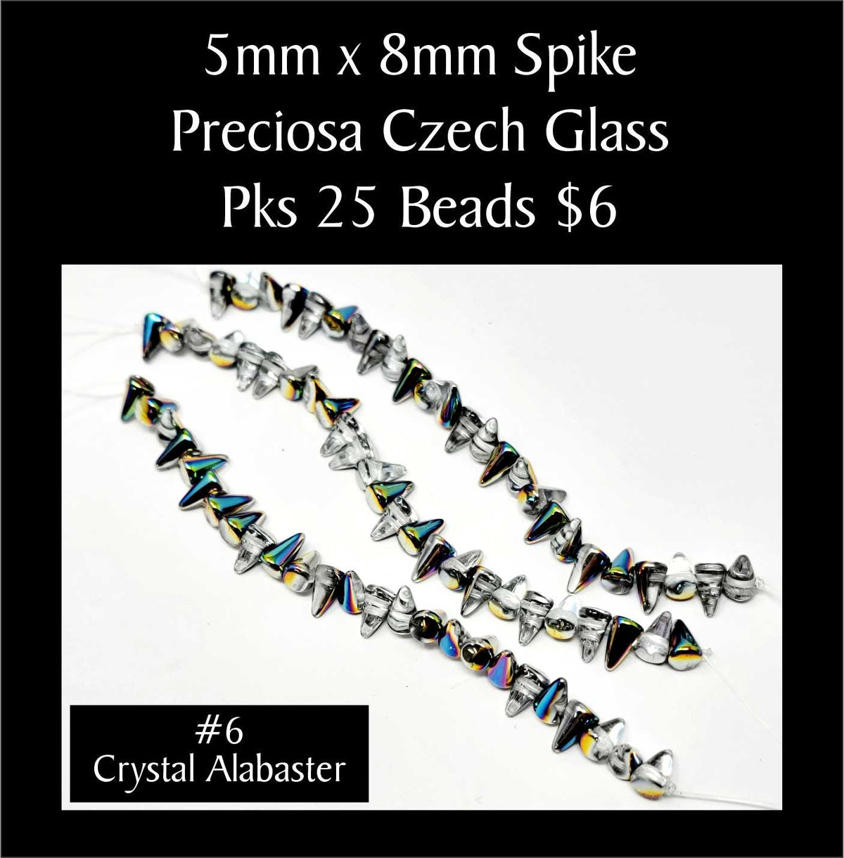 Strands of 5 x 8mm Preciosa Czech glass spike beads in crystal with alabaster, sold in packs of 25
