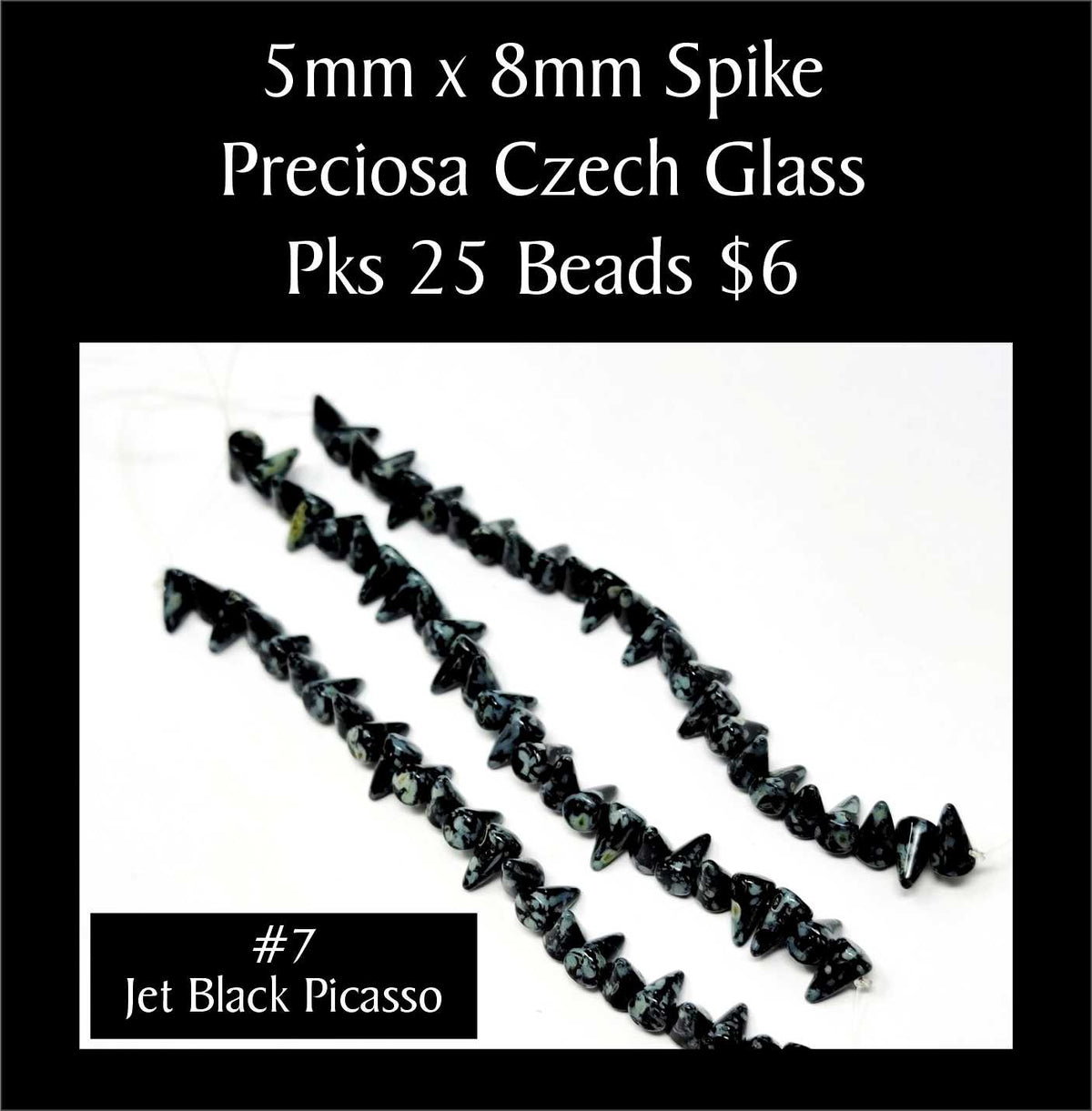 Strands of 5 x 8mm Preciosa Czech glass spike beads in jet black picasso, sold in packs of 25