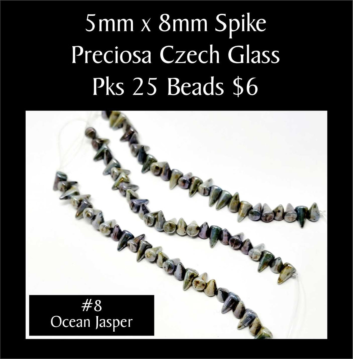 Strands of 5 x 8mm Preciosa Czech glass spike beads in ocean jasper, sold in packs of 25